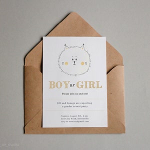 Digital editierbare Gender Reveal Einladung mit einem süßen Kätzchen. Vorlage für Partyeinladungen. Baby Junge oder Mädchen, Er oder Sie. Smartphone-Online-Einladung.