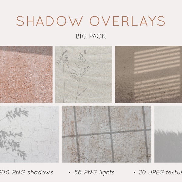 200 shadow overlays, 56 light overlays, and 20 photo textures, PNG. Sunlight overlay, blinds reflections, geometric shapes, trees, plants.