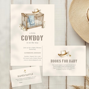 Plantillas para invitaciones a baby shower de vaqueros, tarjetas de invitación para baby shower del oeste, libros para bebé, sorteo de pañales. Temática de rodeo y salvaje oeste.