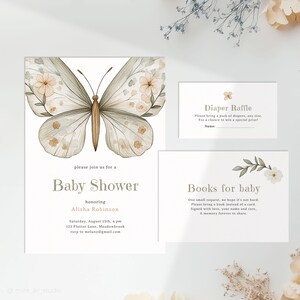 Plantilla de invitación para baby shower con diseño de mariposas, libros para bebé y tarjeta para rifa de pañales. Invitación digital floral bohemia para baby shower de niña.