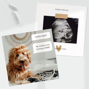 Schwangerschaftsmitteilung digital, Schwangerschaftsmitteilung von Hundemama. Haustier-Baby-Ankündigungskarte. Minimalistische Schablone mit Ultraschall.