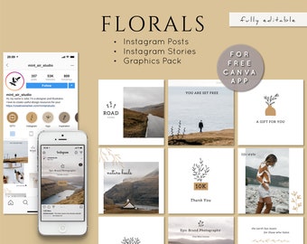 Flowers Instagram Templates for Canva. Florals Instagram Post and Story. 40 Minimal Canva Templates, Social Media Pack, Engagement Boosters.