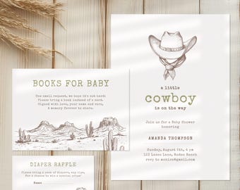 May include: A baby shower invitation with a cowboy theme. The invitation features a drawing of a cowboy hat and a desert landscape. The text reads "a little cowboy is on the way".
