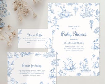Easter Bunny Baby Shower Invitation Toile, Blue Boy Shower Invite Digital Template