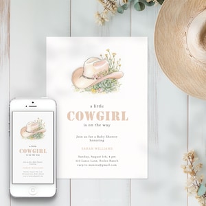 Sjabloon uitnodiging babyshower cowgirl, western babyshower, wilde westen en rodeo-thema. Digitale uitnodigingskaart met een cowgirlhoed.