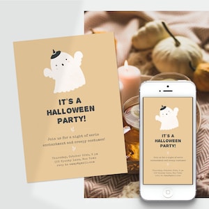 Modelo de convite para festa de Halloween. Cartão de convite para festa à fantasia com um fantasma fofo. Convite digital de aniversário de Halloween, cartão editável para impressão.
