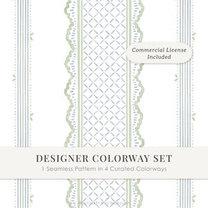 May include: A seamless digital pattern featuring a central vertical band of light green scalloped lace with a blue cross-hatch design, flanked by thin blue and green stripes on a white background. Text reads: Commercial License Included.