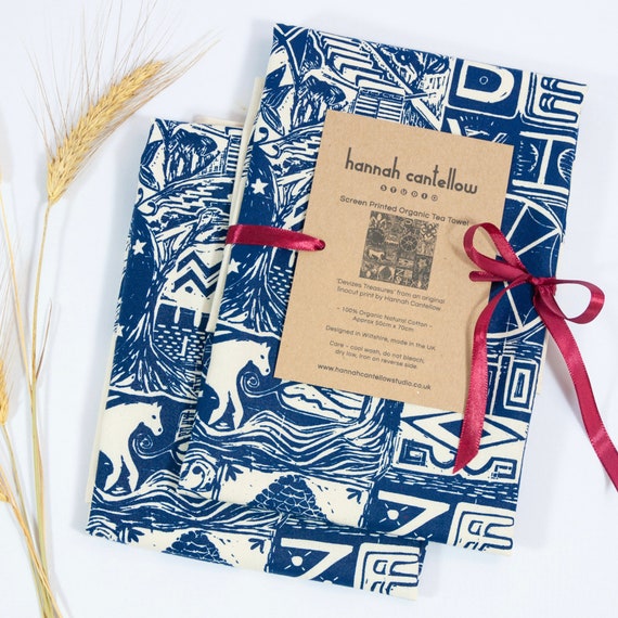 Devizes Treasures Wiltshire Natural 100% Organic Cotton Screen Printed Tea Towel Navy Blue- White Horse Hill-Caen Hill Locks-Devizes Castle