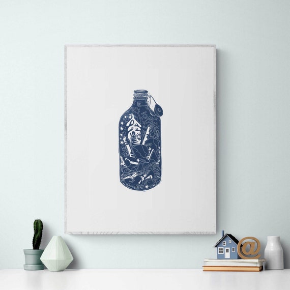 Sea Jewels Bottle Handcut Linoprint- handprinted-beach-comber-print-gift-nautical-pebble-collector-gift for nature lover-sea-mudlarking