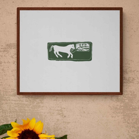 Devizes White Horse Roundway Hill Oliver's Castle Wiltshire Green Linoprint- white-horse-hill-wessex-countryside-gifts for walkers-hikers