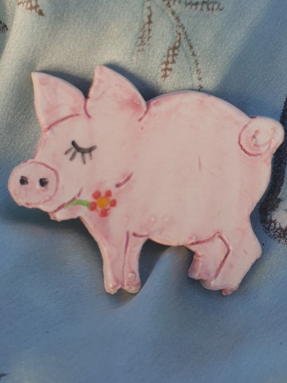 Handmade  and Hand Painted Pink Ceramic Pig Pin