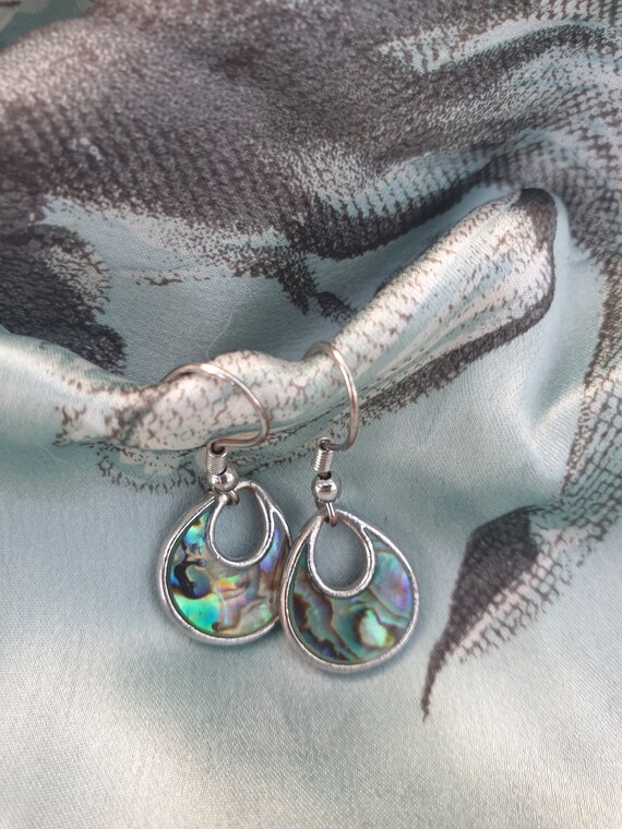 Vintage Abalone on Silver Metal Drop Earrings