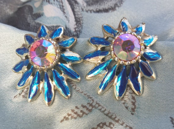 Vintage blue enamel flower with AB crystal centre clip on earrings