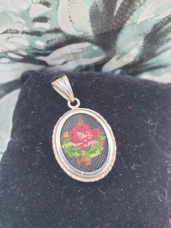 Vintage Needlepoint Floral Silver Pendant