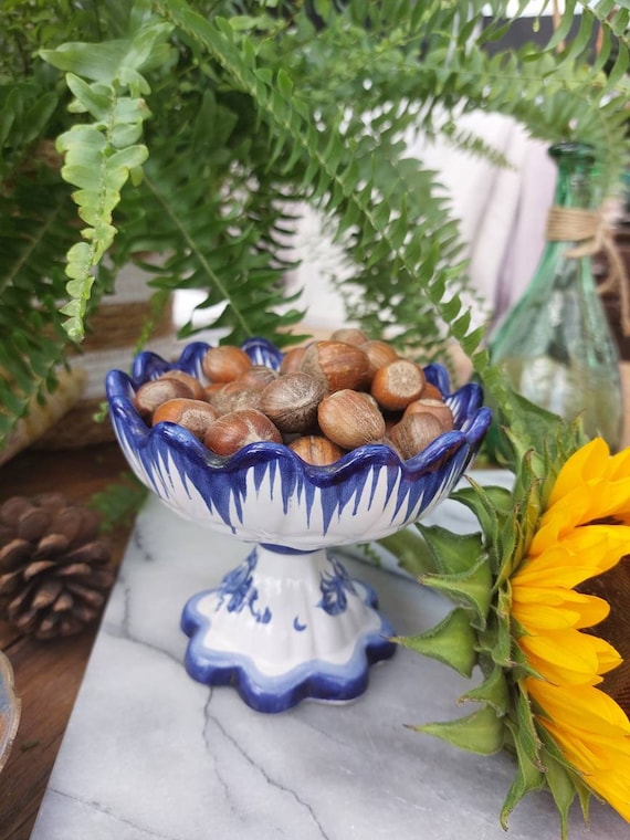 Vintage handpainted blue and white floral ceramic pedestal dish signed - Portugal