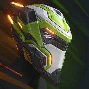 May include: A futuristic helmet with a green and white design. The helmet has a visor and glowing orange lights.