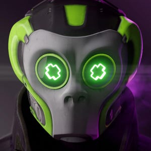 May include: A close-up of a white and green robot head with glowing green eyes. The robot has a futuristic design with a sleek, rounded shape.