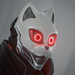 May include: A white cat-shaped helmet with red glowing eyes and a detailed design. The helmet has a black and silver trim and a textured surface.