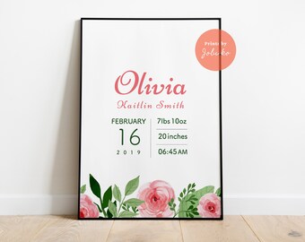 Floral Birth Stat Sign, Custom Nursery Wall Art, Birth Announcement Sign, Personalized Gifts, Printable Nursery, Custom Baby Art - DIGITAL