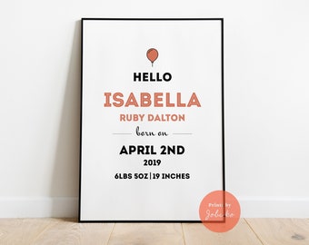 Personalized Birth Stats Sign, Nursery Wall Art, Birth Announcement Sign, Printable Nursery, Kids Room Decor, Custom Nursery - DIGITAL