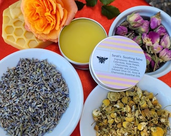 Soothing salve, made with beeswax, olive oil infused with rose petals, calendula, lavender, arnica, chamomile and comfrey