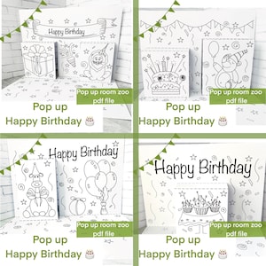 Pop up Birthday 4 cards printable coloring page paper craft activity pdf file digital