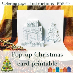 Tarjetas desplegables navideñas. Página para colorear Tarjeta emergente. Las tarjetas aparecen descarga instantánea. Archivo PDF. Descarga instantánea. Tarjeta emergente de Feliz Navidad.