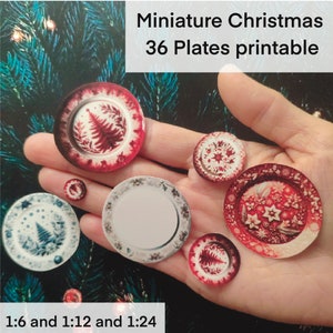 36 weihnachtliche Miniaturteller. Porzellan. PDF. Sofortiger Download. Puppenhaus-Miniatur zum Ausdrucken. 1:12 und 1 bis 6 und 1 bis 24