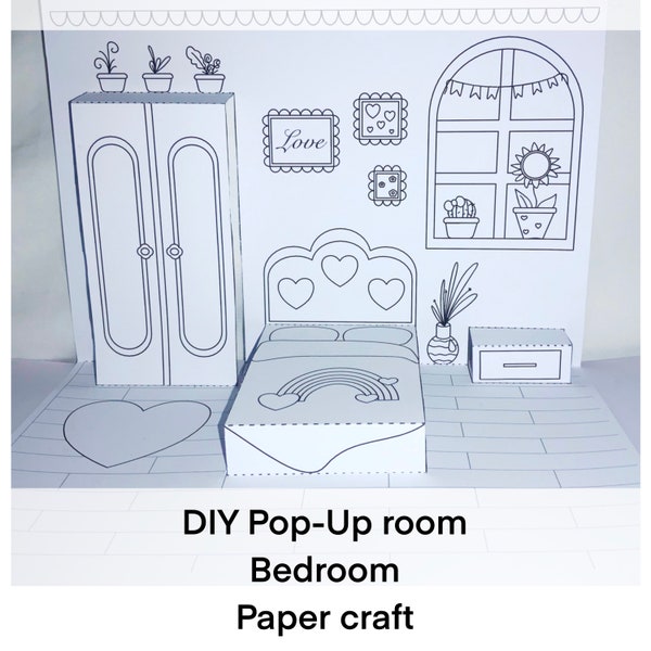 Pop Up room for Bedroom to print. Paper crafts in the form of a pop-up room. Pop-up room printable. Paper dollhouse