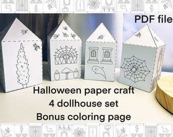 Halloween DIY papercraft. Bonus coloring page. Haunted house. Halloween. Dollhouse origami.  Paper  kids activity. Instant download.