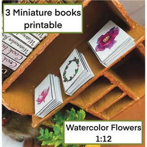 Garden miniature book 1:12 scale set of 3 book Watercolor flower illustration digital file dollhouse book