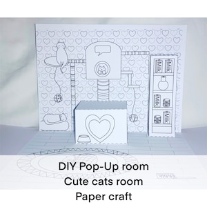 Pop Up room for cats to print. Paper crafts in the form of a pop-up room with cats. Pop-up room printable. . Cat party. Paper dollhouse