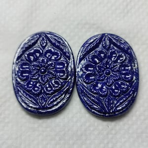 Carved Lapis Lazuli Gemstone Pair: Floral Design (25.5x35.5mm)
