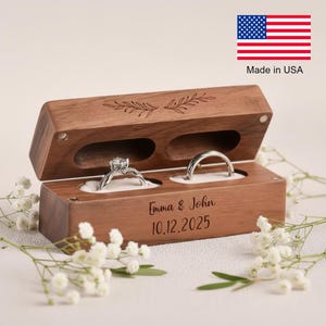 Abakcus Personalized Walnut Double Ring Box – Names & Date Engraved – Magnetic Close – Wedding Ring Bearer / Engagement Keepsake