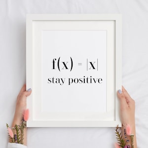 May include: A white framed print with the mathematical equation f(x) = |x| and the words "stay positive" in a black font. The print is held by two hands, with floral accents on the wrists, against a white background.