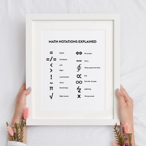 May include: A white framed print titled "MATH NOTATIONS EXPLAINED" with black text and symbols. The print includes mathematical symbols and their definitions, such as equals, not equals, and left/right symbols. The print is held by hands.