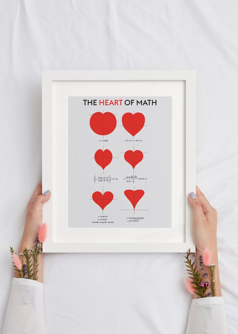 May include: A framed print with the title "The Heart of Math" featuring five different mathematical equations that create heart shapes. Each equation is displayed next to a red heart shape on a gray background.