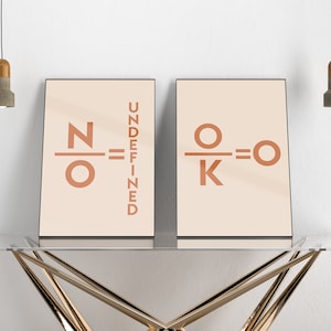 May include: Two framed prints with a minimalist design. The left print features the equation "N/O = UNDEFINED" and the right print features the equation "O/K = O".