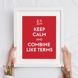 May include: White framed print with a red background and the words "KEEP CALM AND COMBINE LIKE TERMS" in white. The top of the print has mathematical symbols. The print is held by two hands.