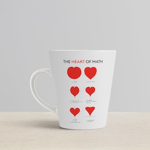 May include: White ceramic mug with a black and red graphic that says "THE HEART OF MATH" and shows a series of red hearts with mathematical equations.