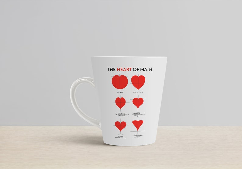 May include: White ceramic mug with a black and red graphic that says "THE HEART OF MATH" and shows a series of red hearts with mathematical equations.