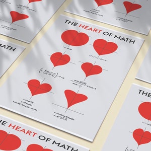 May include: A set of six posters with the title "The Heart of Math" and different mathematical equations that create heart shapes. Each poster features a red heart shape on a white background.