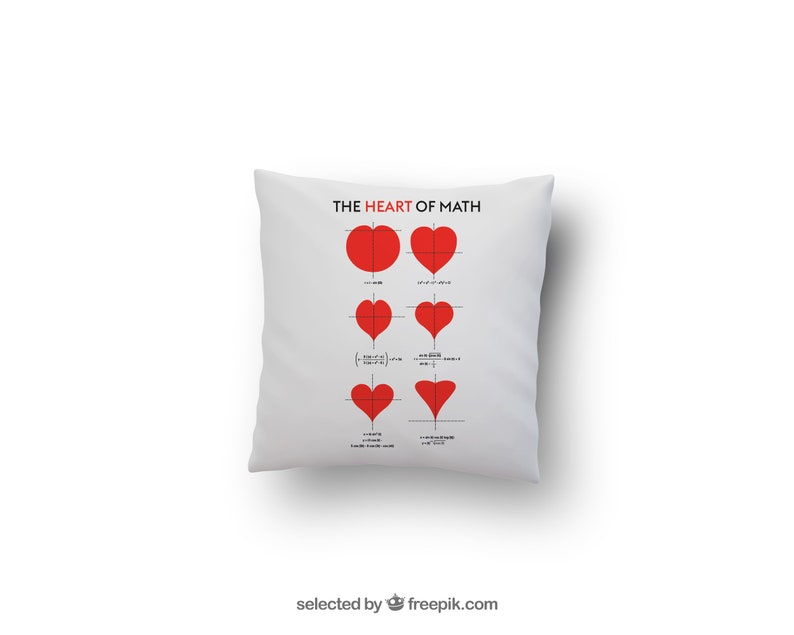 May include: White pillow with the text "THE HEART OF MATH" printed on it. The pillow features a series of red hearts created using mathematical equations.