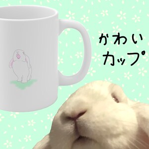 May include: A white ceramic mug with a cartoon drawing of a white rabbit with pink ears. The mug has a black handle and the text "かわいい  カップ" in black on a light green background with white flower designs.