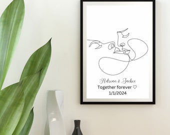 Dibujo minimalista de una pareja besándose • Arte abstracto romántico para la pared • Descarga digital imprimible