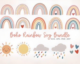 Pacote Boho Arco-Íris | Arco-íris fofo SVG| Boho arco-íris clipart | Arco-íris SVG | Arco-íris desenhado à mão | Clipart de arco-íris | Adesivos Boho