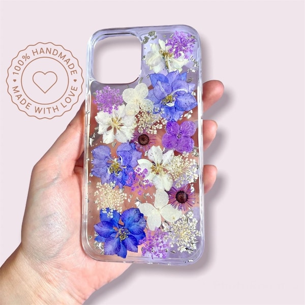 Coque iPhone en résine et fleurs séchées violettes et feuilles argent | Modèle VIOLETTE | coque téléphone florale smartphone unique colorés