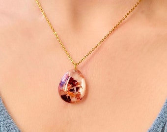 Stainless steel necklace and pendant dried pink and gold leaf | ARIEL model | crystal resin natural flowers creative jewel