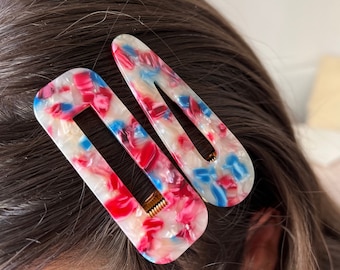 Barrettes à Cheveux Rose Bleu et Nacré, Accessoire Coiffure en Résine | Pince à cheveux fait main colorée - Barrettes cheveux femme mariage