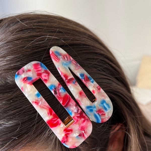 Barrettes à Cheveux Rose Bleu et Nacré, Accessoire Coiffure en Résine | Pince à cheveux fait main colorée - Barrettes cheveux femme mariage